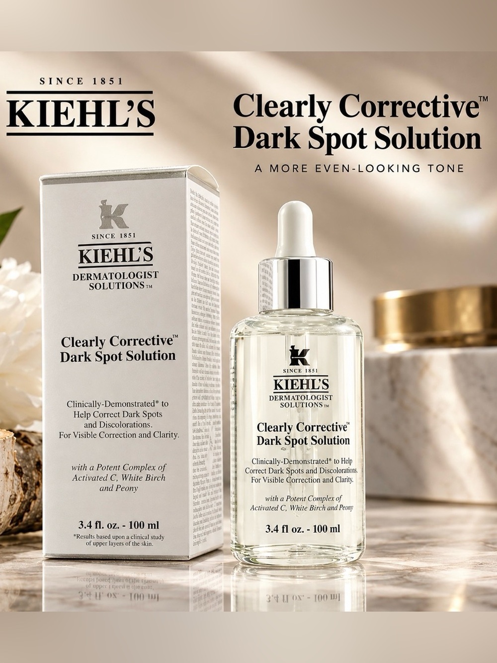 Kiehl's Clearly Corrective Dark Spot Solution — Clear & White Packaging
